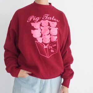 Vintage Fruit Of The Loom Red Pig Tales Farm Animal Book Graphic Sweater L
